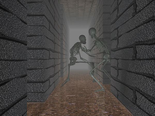 Skeletons in a misty hallway